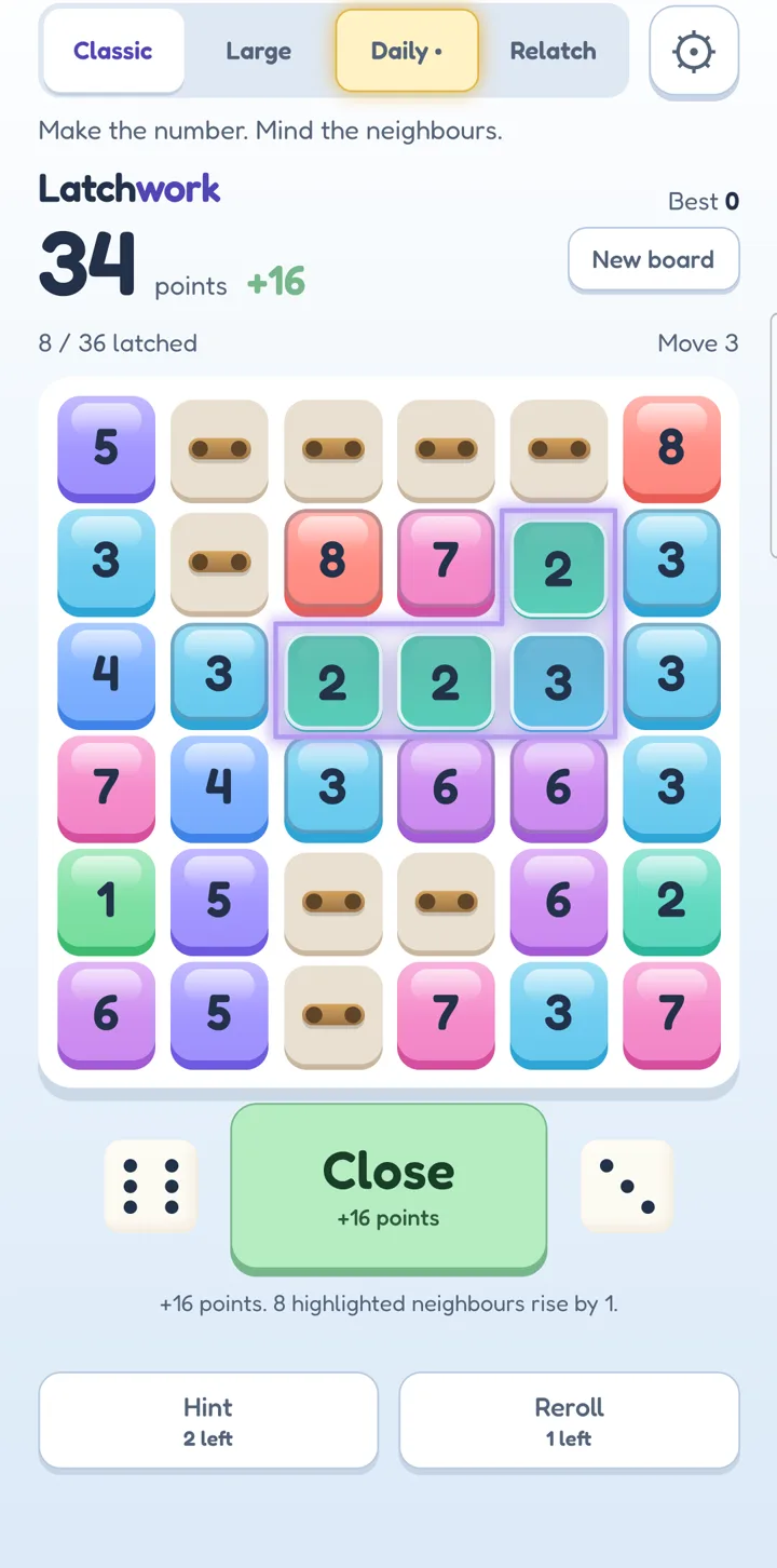 A Classic board with four tiles selected, adding up to the target, and a green Close button showing +16 points.