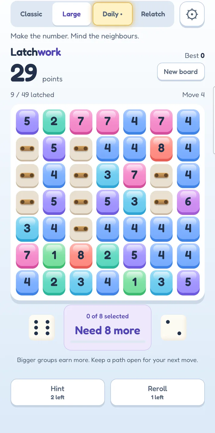 The larger 7 by 7 board in Classic Large mode.