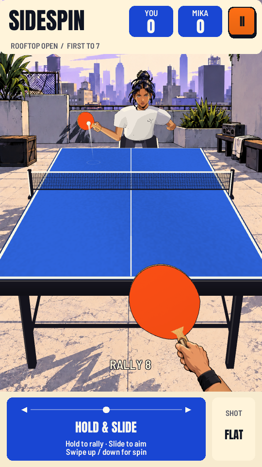 A SideSpin rally on a rooftop court, with the rival Mika returning the ball across a blue table