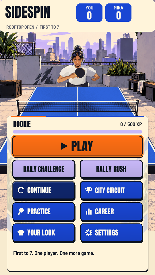 The SideSpin home menu over a rooftop court, with Play, Daily Challenge, Rally Rush, City Circuit and Practice buttons